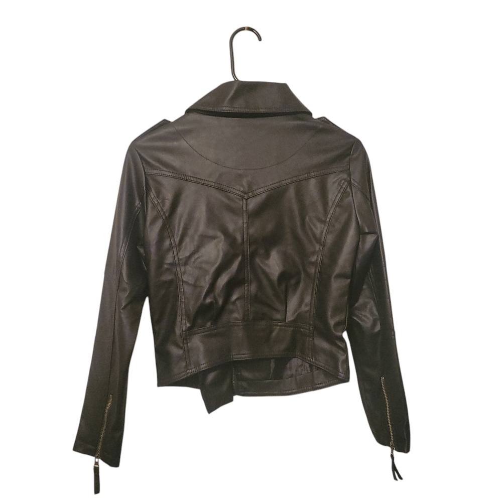 NWT Black Faux Leather Moto Jacket Gold Zip Cropped Biker Small Edgy Chic - Picture 7 of 11